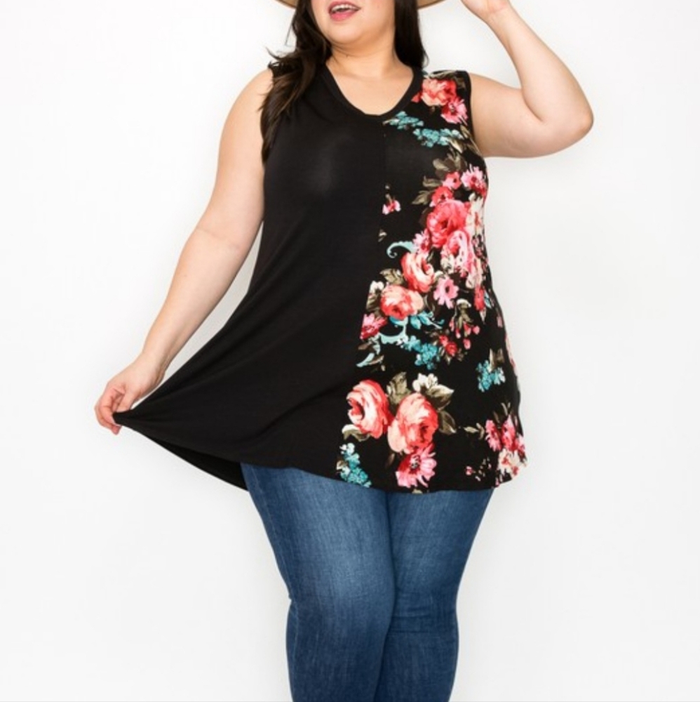 PLUS SIZE V-NECK FLORAL PRINT TUNIC
